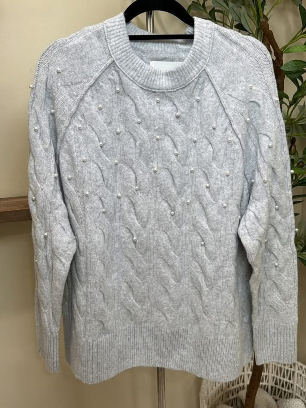 aerie Light Gray Cable Knit Pearl Crewneck Sweater